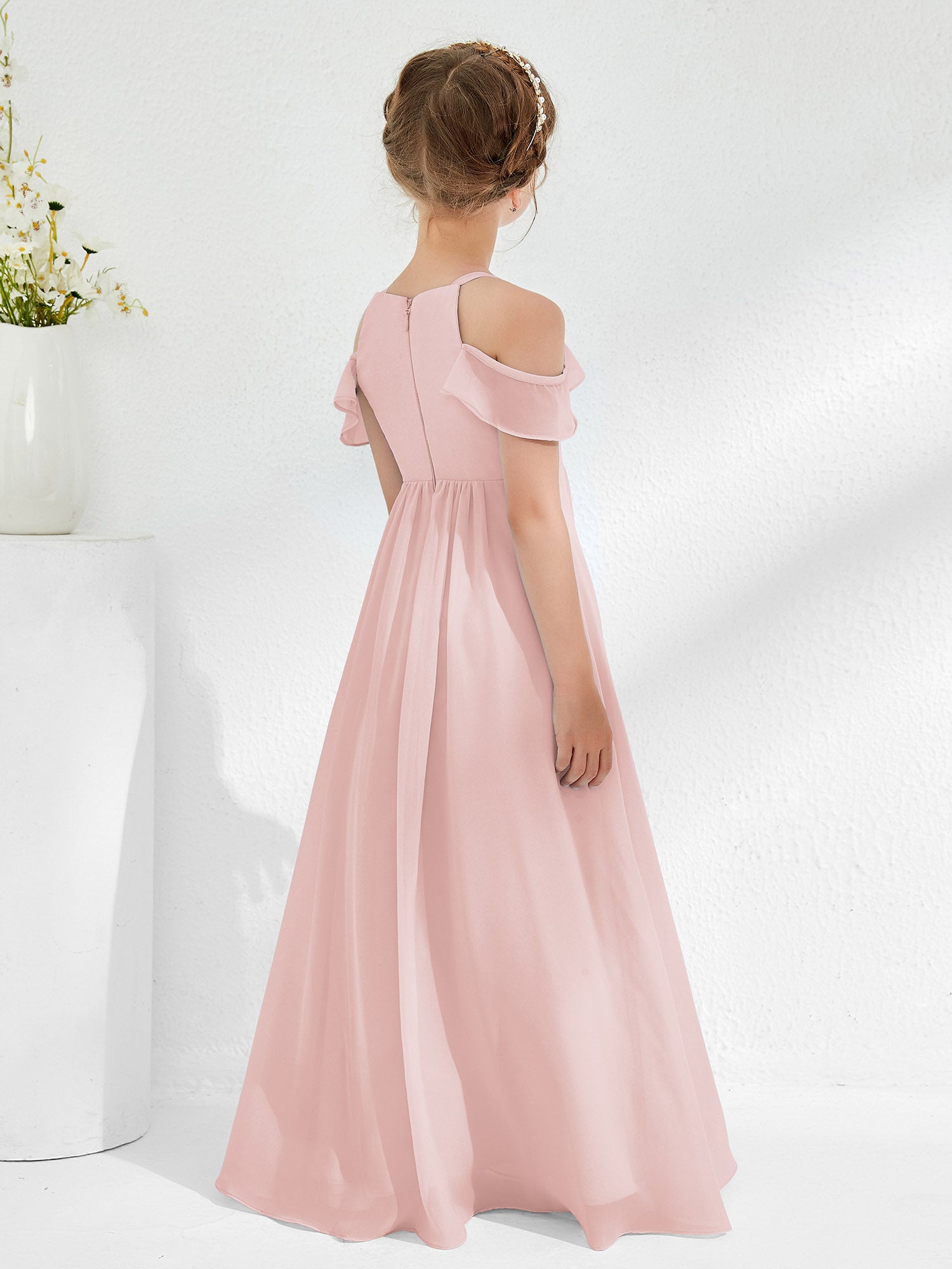 Off-the-shoulder Chiffon Junior Bridesmaid Dresses Dusty Rose